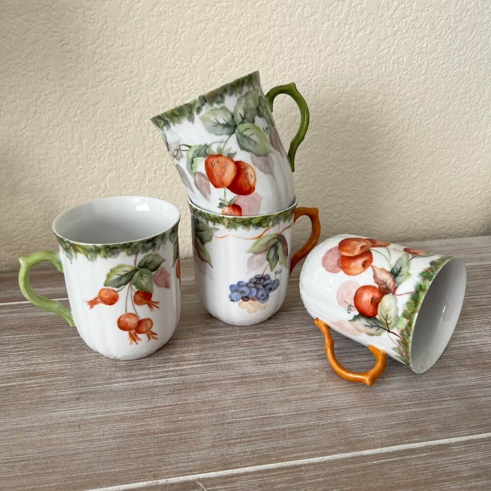 Set of 4 Hand Painted Czech Porcelain Mugs – EPIAG – Fruit Motif – Signed